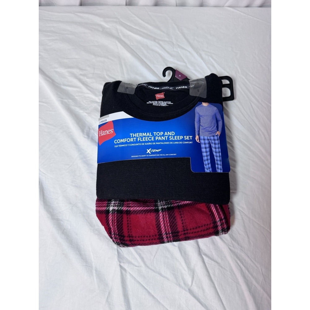Hanes Mens X-Temp Thermal Top & Fleece Pant Sleep Set Size Small NWT Red Black